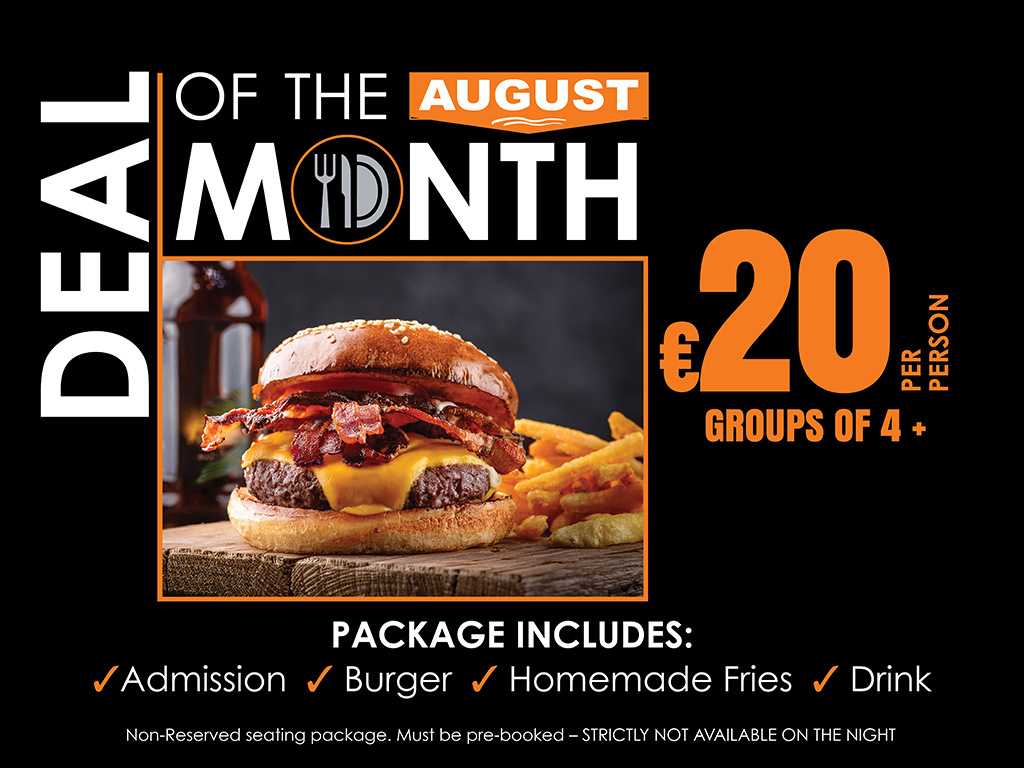 Searching for a great value night out this August? The latest Deal of the Month at Curraheen Park Greyhound Stadium offers entertainment, food and drink at an excellent price. Image shows a promotional graphic for the August Deal of the Month at Curraheen Park Greyhound Stadium. It features a black background with white and orange text outlining the offer and a picture of a burger.