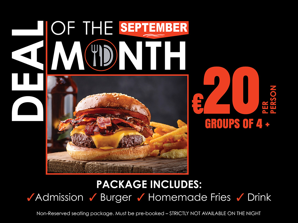 Searching for a great value night out this September? The latest Deal of the Month at Limerick Greyhound Stadium offers entertainment, food and drink at an excellent price. Image shows a promotional graphic for the September Deal of the Month at Limerick Greyhound Stadium. It features a black background with white and orange text outlining the offer and a picture of a burger.