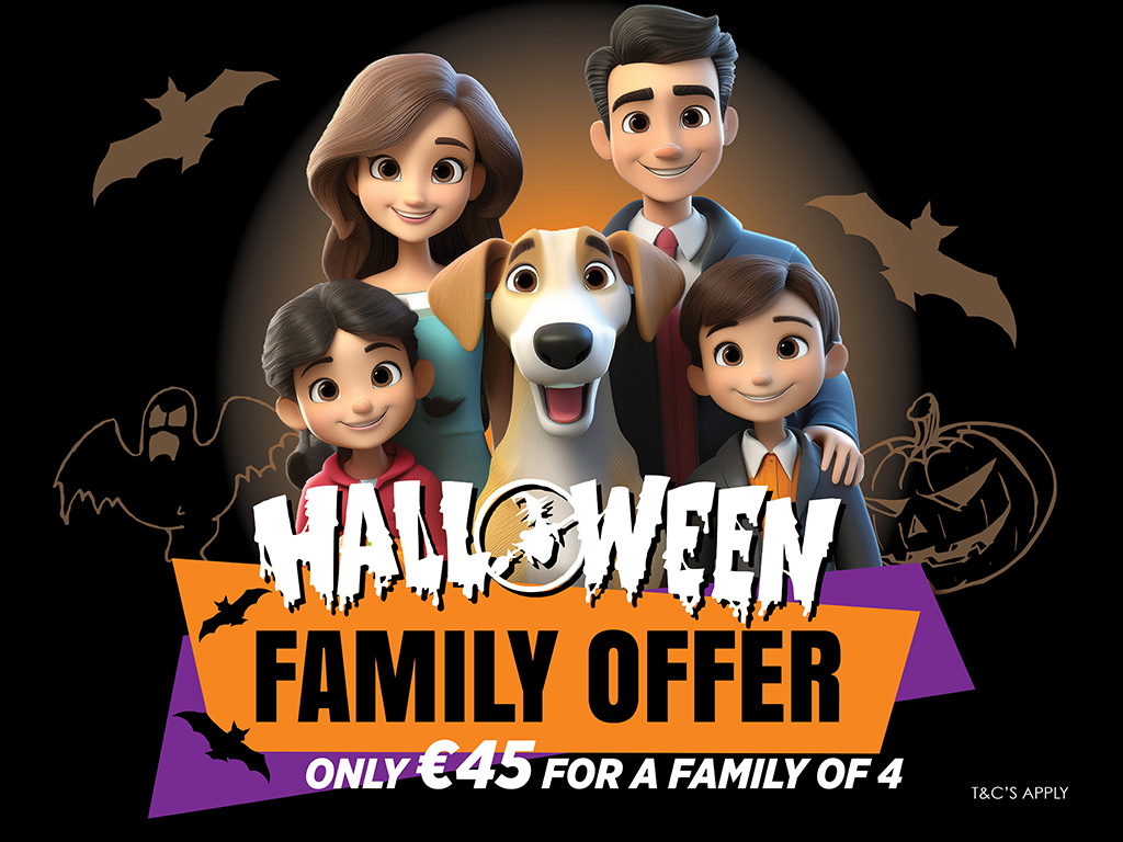 Image shows a cartoon family consisting of two adults, two children and a dog, with Halloween-themed graphics and text promoting the Halloween Family Offer at Shelbourne Park Greyhound Stadium