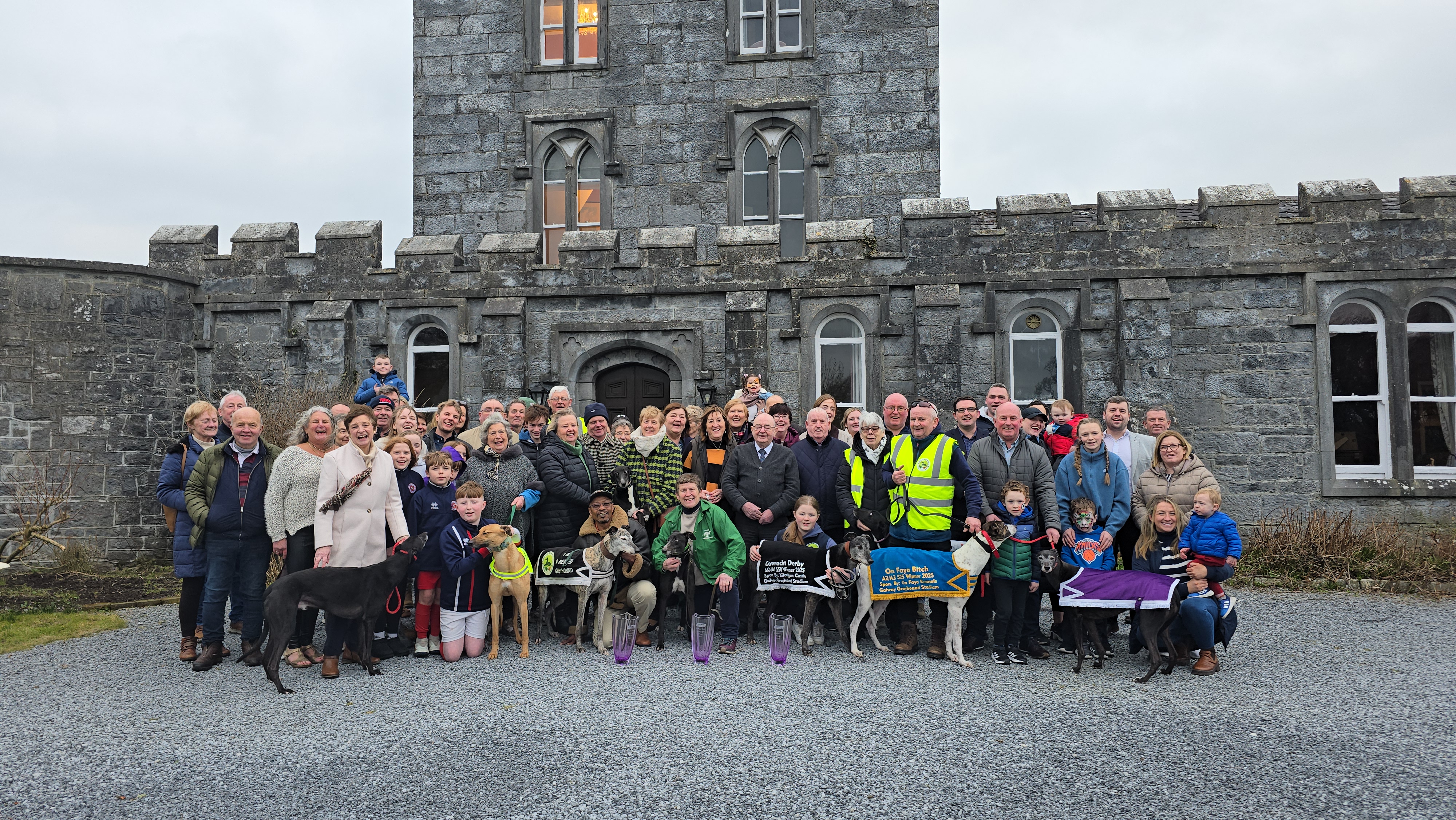 Image shows a large group gathered at Kilcolgan Castle in County Galway for the launch of the 2025 Kilcolgan Castle Connacht Derby at Galway Greyhound Stadium Pic: Dawn Quinn GRI