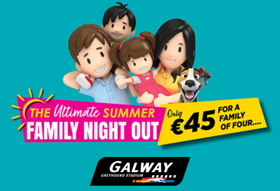 Image shows a 3D cartoon family with parents and 2 children and a dog against a teal background and text which highlights the details of the summer family offer available at Galway Greyhound Stadium in 2026