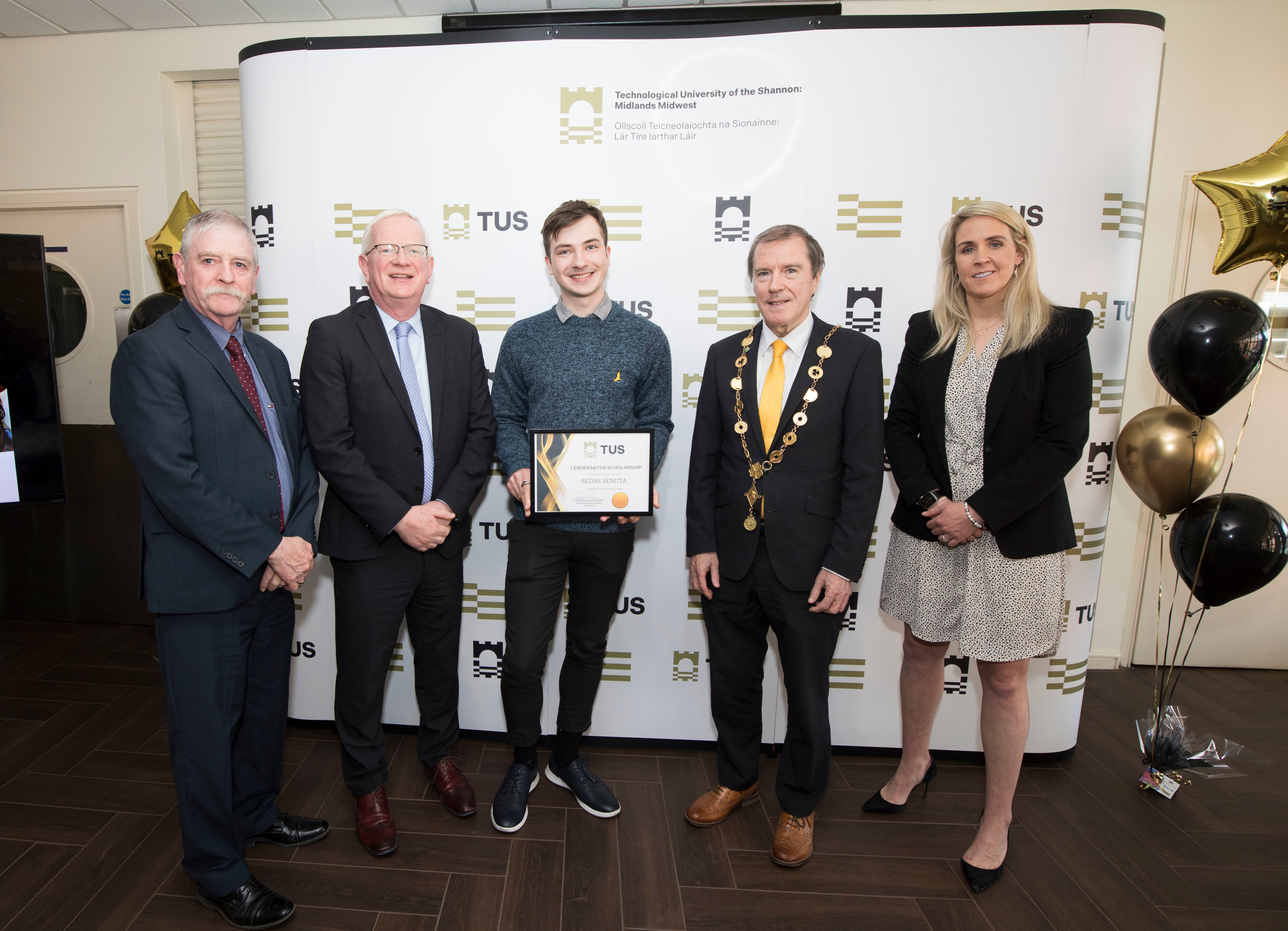 Pictured is Leaders@TUS Scholarship recipient, Reads Sunuta, Forensic and Pharma, Colaiste Cholmain, Mayo with Sponsor John Tuohey, Greyhound Racing Ireland, Professor Vincent Culhane, President TUS, Mayor of the City and County of Limerick, Cllr Gerald Mitchell and Guest Speaker, Joy Neville, Head Coach of World Rugby Elite Female Referees. Picture: Alan Place