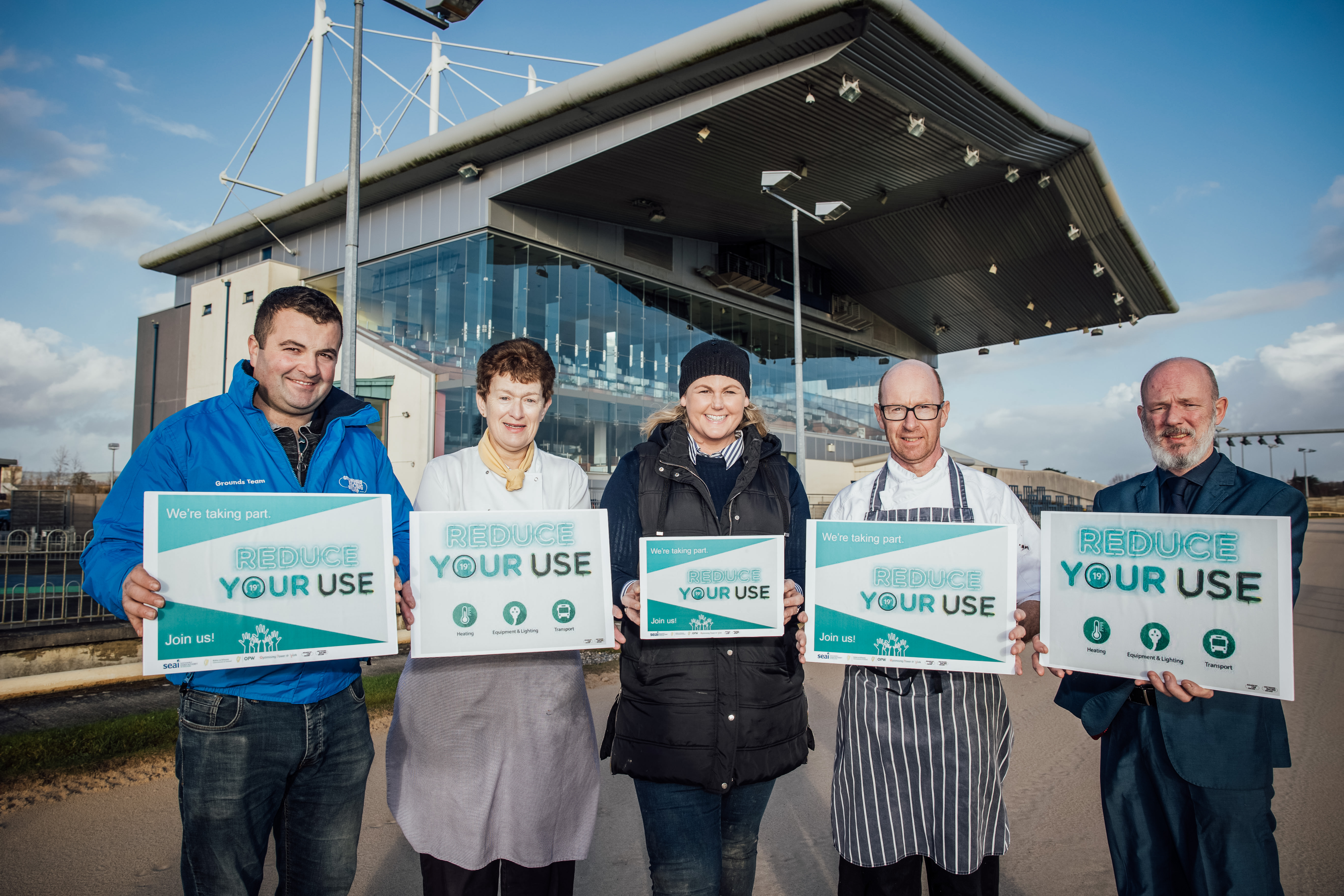 Announcing Greyhound Racing Ireland participation in the Government 22023/2024 "Reduce Your Use" energy efficiency campaign launched at Limerick Greyhound Stadium were:  Andrew Barrett, (Ground Staff, Limerick Greyhound Stadium), Deirdre Smith (Events & Hospitality Services Limerick Greyhound Stadium, Liz Cribbin (Project Manager, Greyhound Racing Ireland), Brian Tierney (Events & Hospitality Services, Limerick Greyhound Stadium) and Paul O'Sullivan (Hospitality Manager, Limerick Greyhound Stadium).  Greyhound Racing Ireland are aiming for a 15% energy saving across stadia and HQ by March 2024.