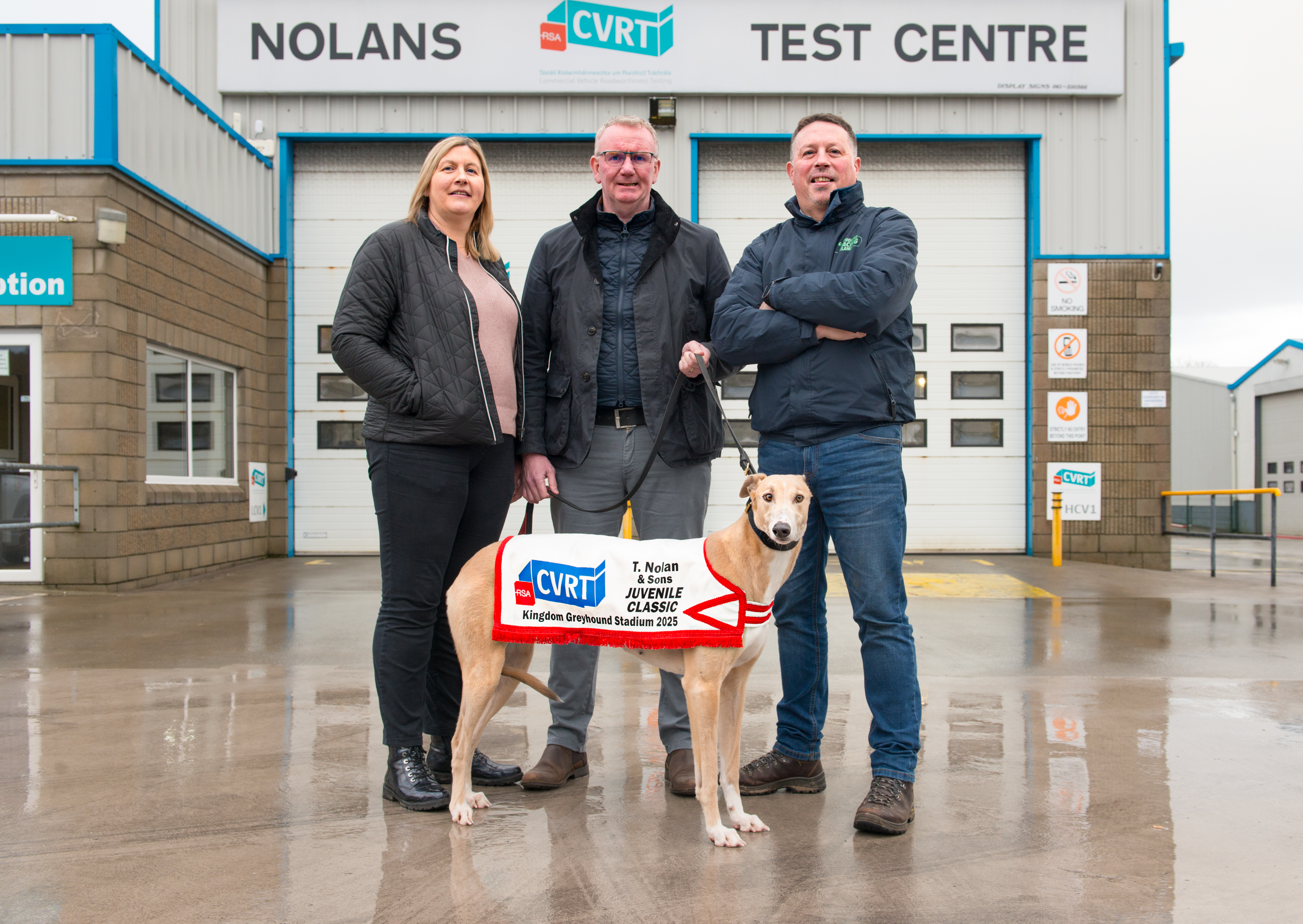 Tom & Trish Nolan pictured with their Greyhound Angel and Racing Manager Kieran Casey of Kingdom Greyhound Stadium