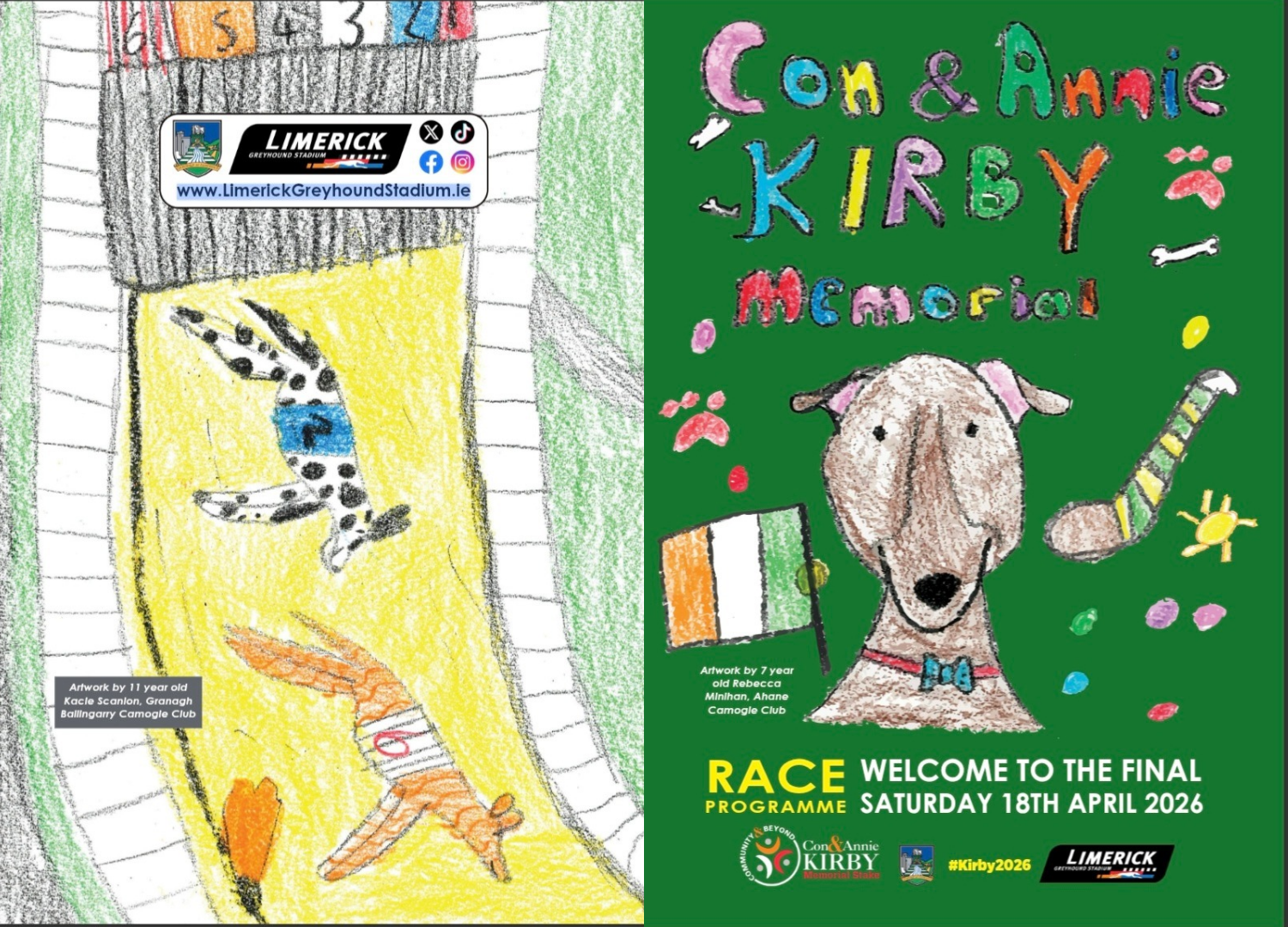 Image shows the cover artwork for the 2026 Con and Annie Kirby Memorial Final in Limerick Greyhound Stadium with hand drawn imagery of racing and greyhounds plus a hurley, Irish flag and other racing and GAA related drawngs with text 