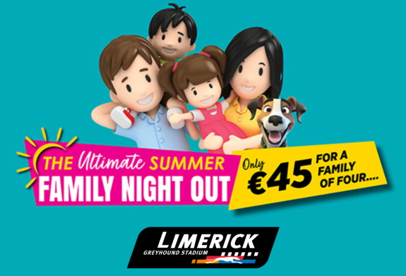Image shows a 3D cartoon family with parents and 2 children and a dog against a teal background and text which highlights the details of the summer family offer available at Limerick Greyhound Stadium in 2026