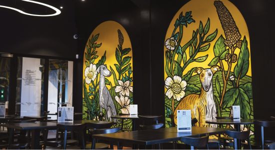 Image shows the interior of the South Lotts Terrace Cafe in Shelbourne Park with bright colourful murals, dark furniture and paintiing and unique light features to create a modern comfortable cafe space in Shelbourne Park. 