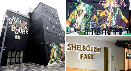 Image shows three different pictures of the entrance areas to Shelbourne Park Greyhound Stadium with it's sleek modern aesthetic and bright colourful murals inviting customers in to enjoy their night