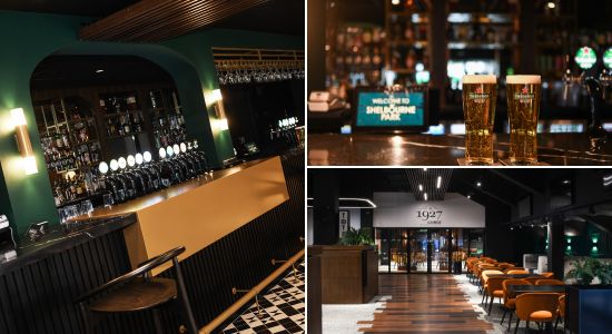 Image shows a trio of shots of the newly open Sports Bar at Dublin's Shelbourne Park with a modern interior that is both inviting and comfortable but also contemporary and appealing as a modern venue