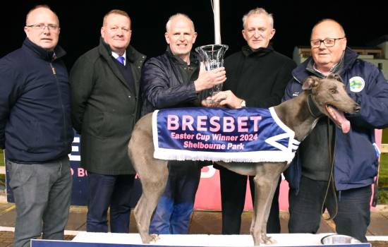 Image shows the presentation for the 2024 BresBet Easter Cup winner Clonbrien Treaty