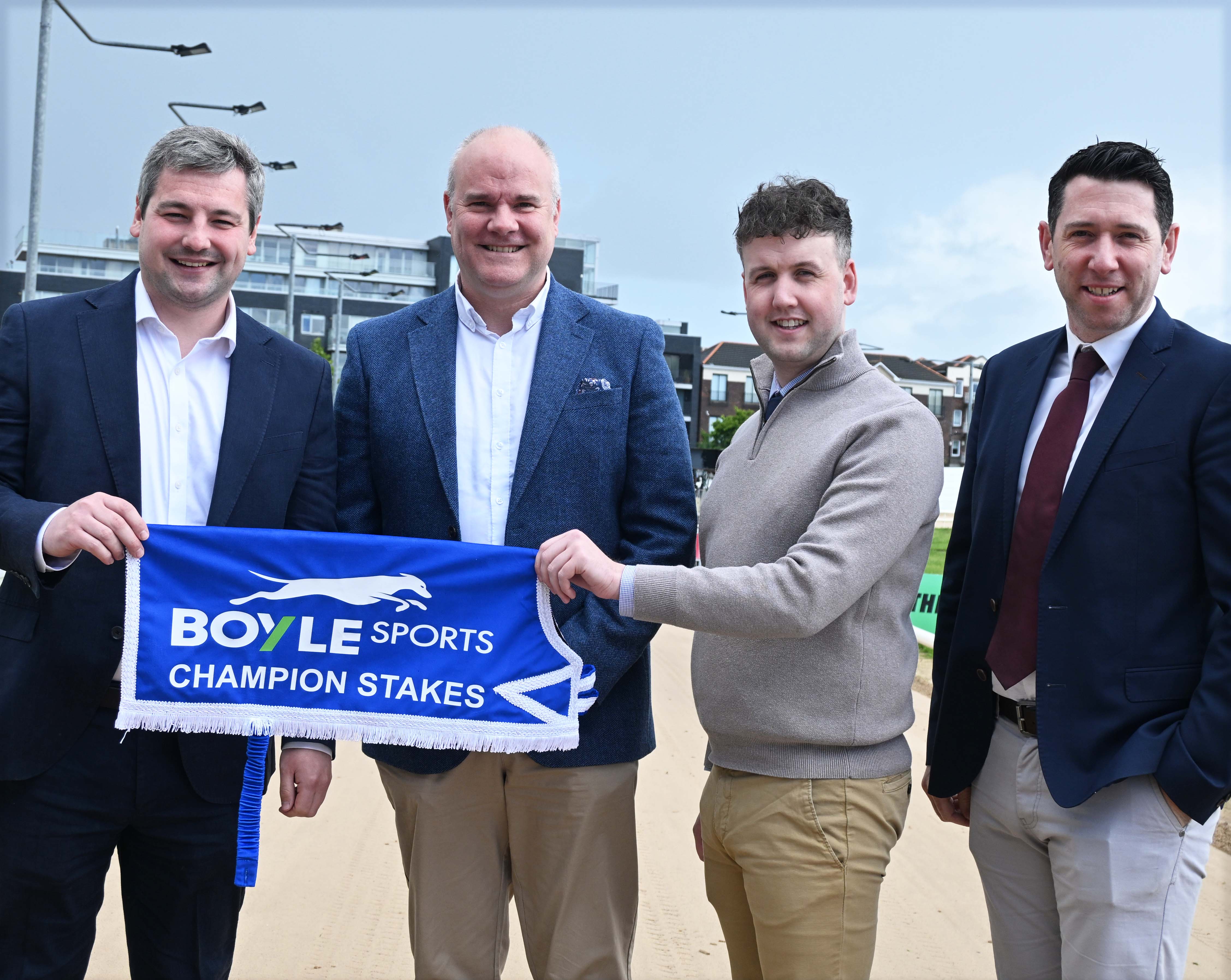 Representatives Brian O’Keeffe (Media Relations, BOYLE Sports), Kieran Holden (Sponsorship Manager, BOYLE Sports), Dylan Brennan (Shelbourne Park Racing Manager) and Philip Peake (Commercial Director, Greyhound Racing Ireland) at Shelbourne Park for the launch of the 2026 BOYLE Sports Champion Stakes. Image shows representatives Brian O’Keeffe (Media Relations, BOYLE Sports), Kieran Holden (Sponsorship Manager, BOYLE Sports), Dylan Brennan (Shelbourne Park Racing Manager) and Philip Peake (Commercial Director, Greyhound Racing Ireland) at Shelbourne Park for the launch of the 2026 BOYLE Sports Champion Stakes.