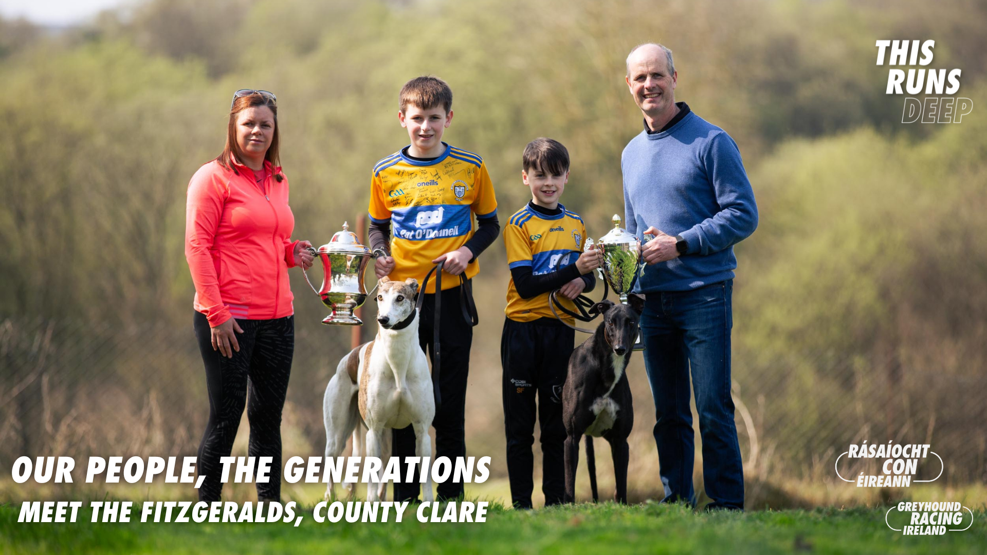 The Fitzgerald family from Parteen Co. Clare photographed with their retired racing greyhounds Holly and Ollie, photographed for the Greyhound Racing Ireland Our People, The Generations series