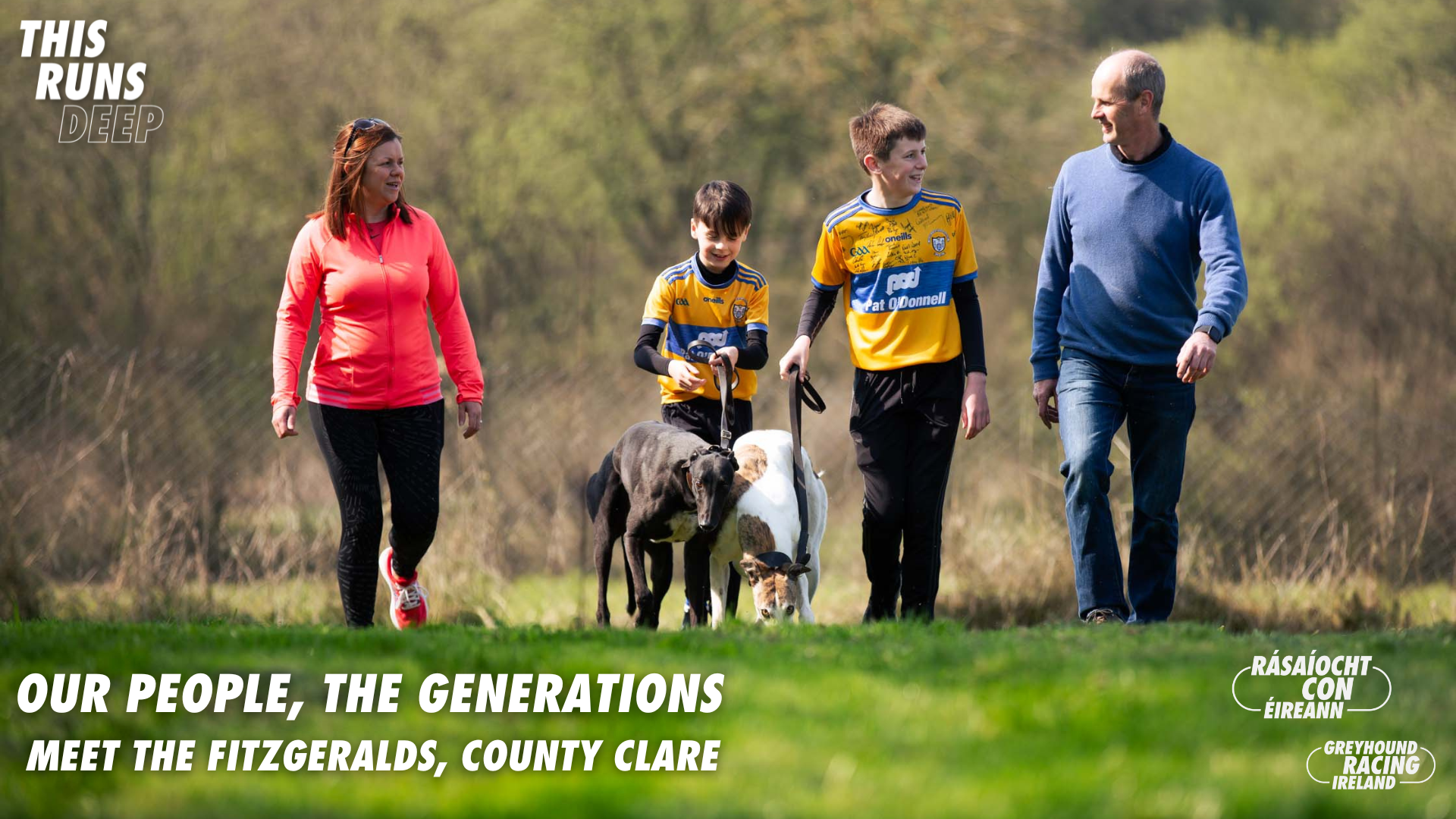 The Fitzgerald family from Parteen Co. Clare photographed with their retired racing greyhounds Holly and Ollie, photographed for the Greyhound Racing Ireland Our People, The Generations series