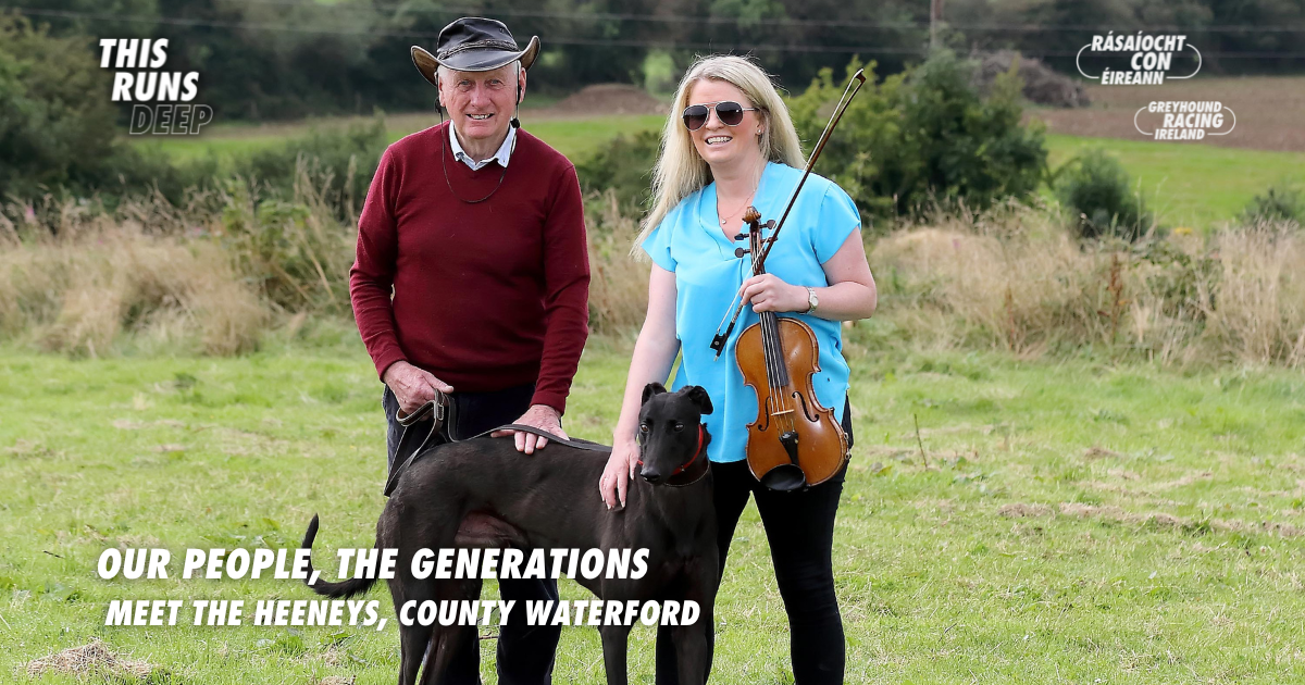 Picture shows father and daughter MIchael and Eimear Heeney and their beloved greyhound Matt in a field at their home in County Waterford. The Henneys are just one of the hundreds of generations of Irish families united by their love of greyhounds