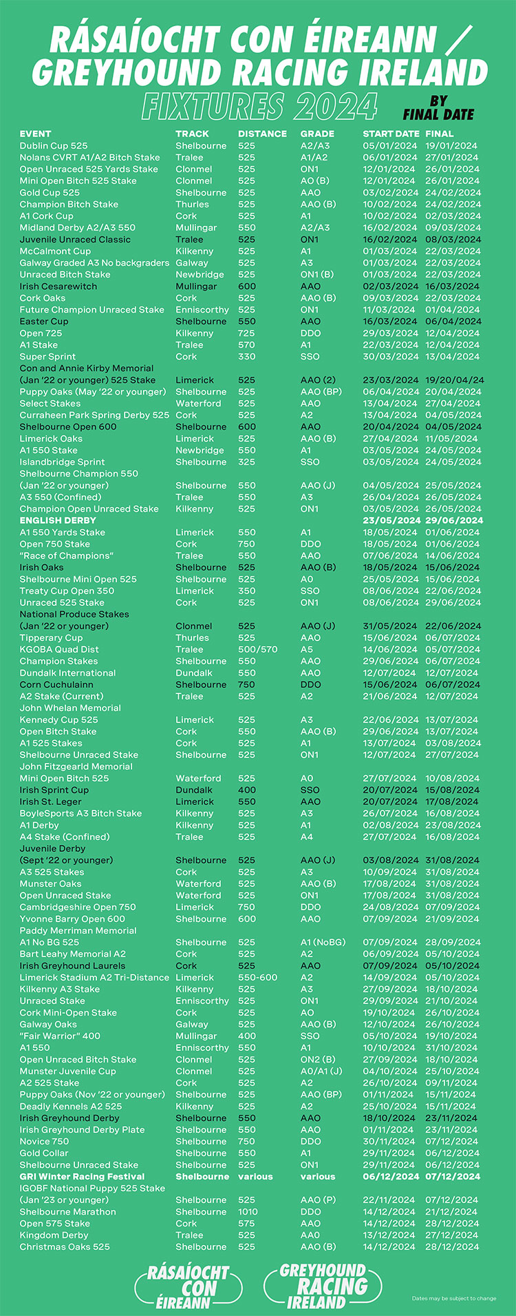 Picture shows the 2024 Irish Greyhound Racing Calendar of Classics and Features at Greyhound Stadia across Ireland