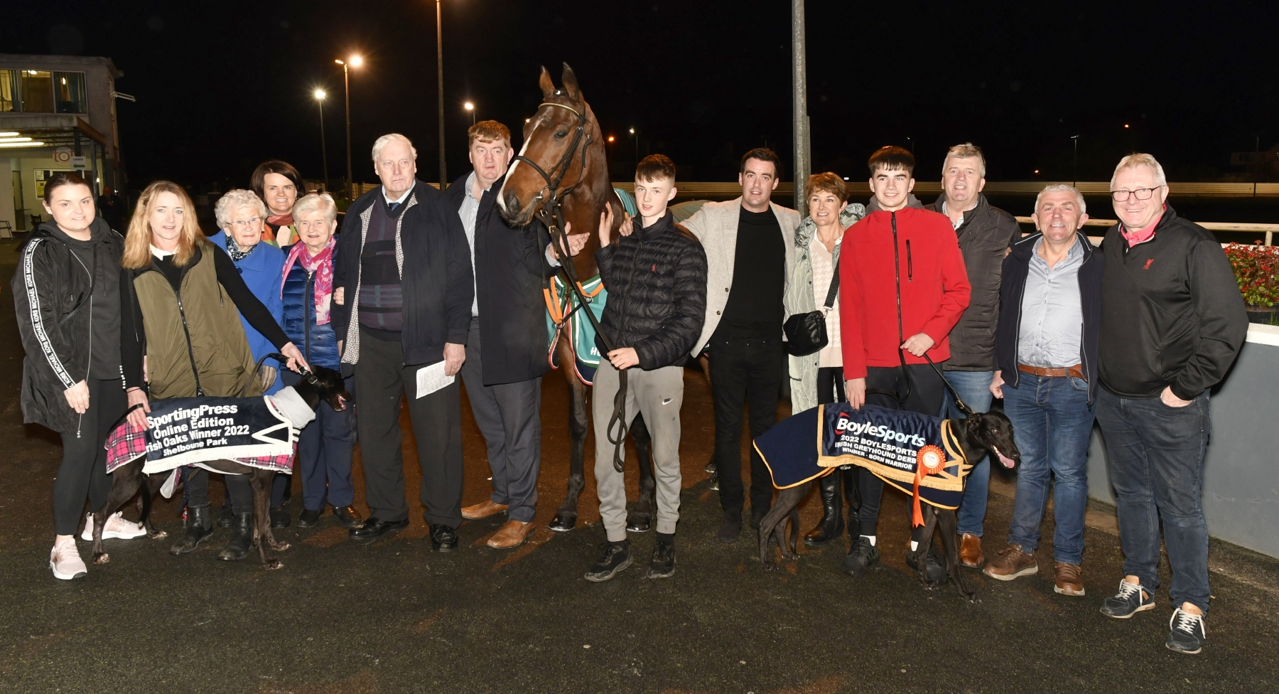 Pictures shows:  Hewick (winner of American Grand National), Born Warrior (winner of The BoyleSports Irish Greyhound Derby) and Raha Mofo (winner of the Sporting Press Irish Greyhound Oaks) and their connections at Kilkenny Greyhound Stadium on Friday night.